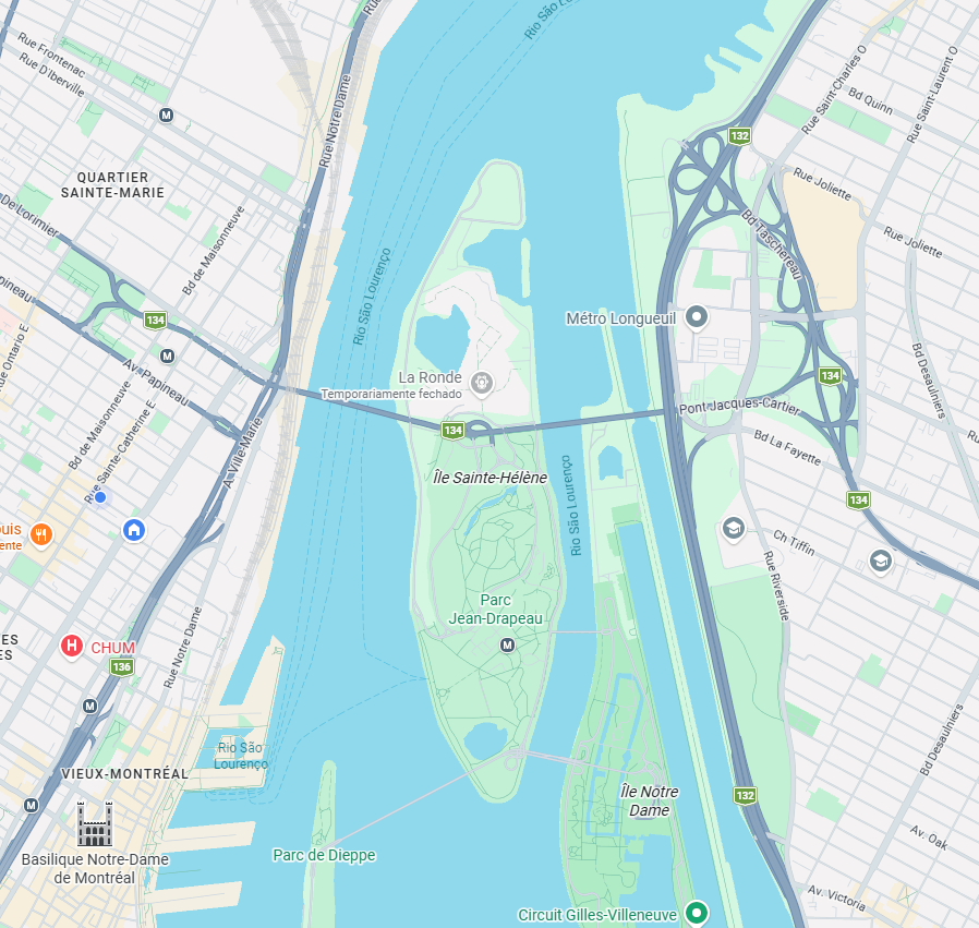 Carte des environs de La Ronde et des points de vue possibles pour les feux d’artifice
